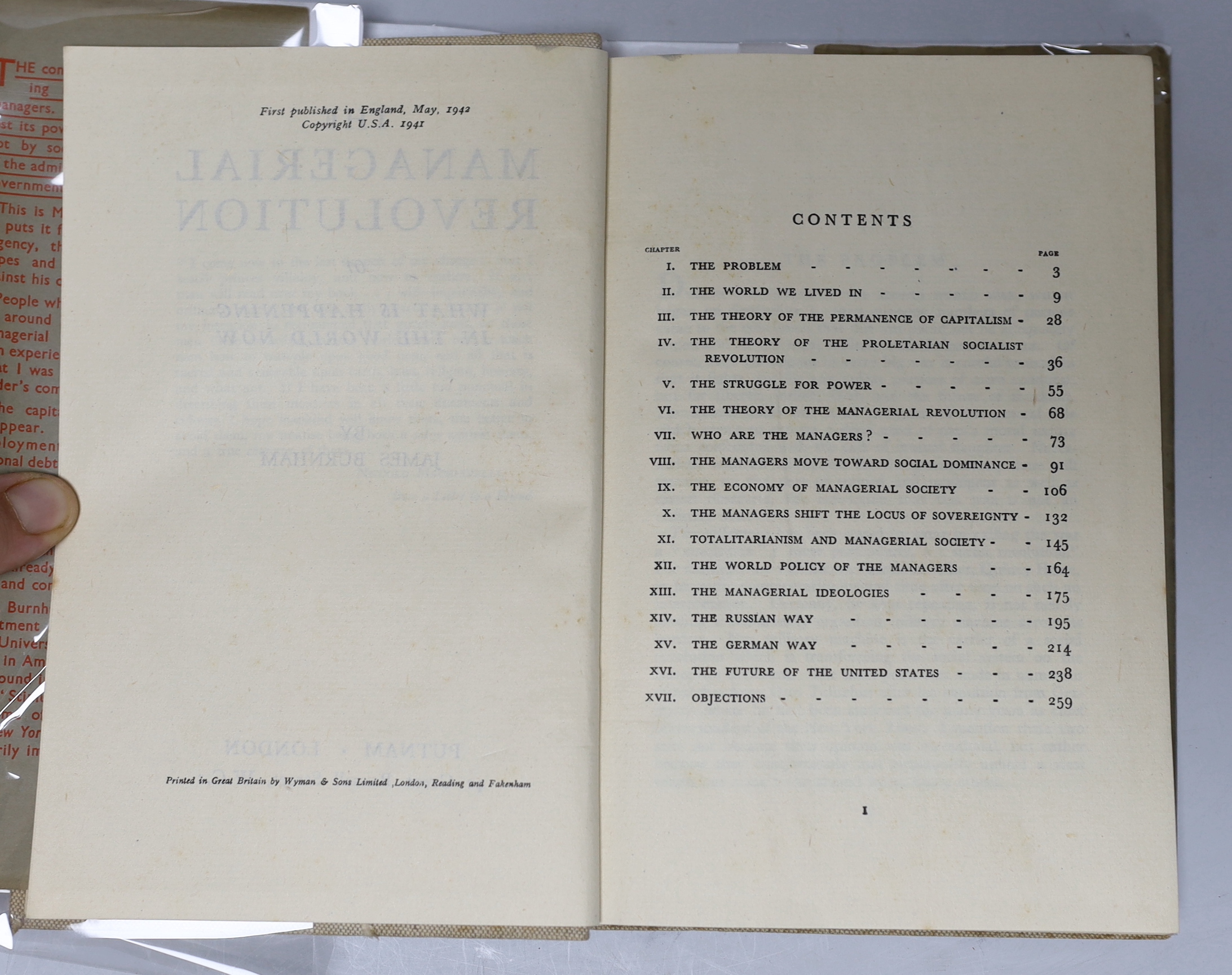 Burnham, James - The Managerial Revolution: or What is Happening in the World Now, 1st UK edition, 8vo, cloth in unclipped d/j, Putnam, London, 1942. Note: This work influenced George Orwell’s writings in the 1940’s.